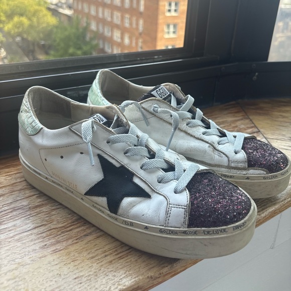 Golden Goose Hi Star White Leather Sneakers with Purple Glitter and Black Star - Picture 3 of 15